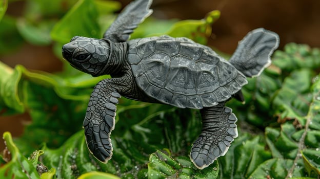 A newly hatched sea turtle crawling across vibrant green foliage towards the ocean photo