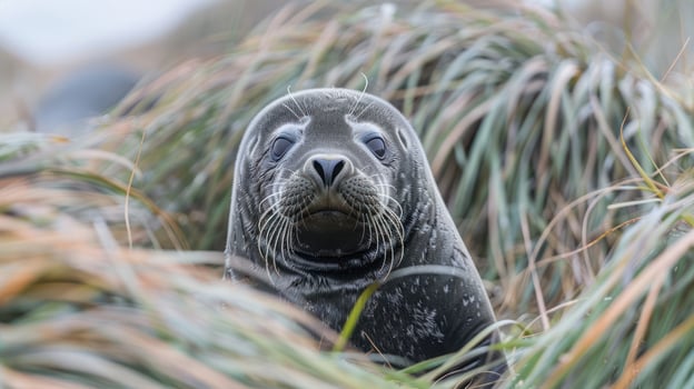 Close-up of a seal nestled among lush coastal grass, with a serene ocean backdrop photo