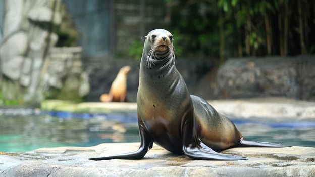 A playful sea lion lounging on a rock by the water, with another sea lion in the background photo