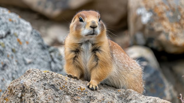 Alert prairie dog perched on a rock, observing its surroundings in a natural habitat setting photo
