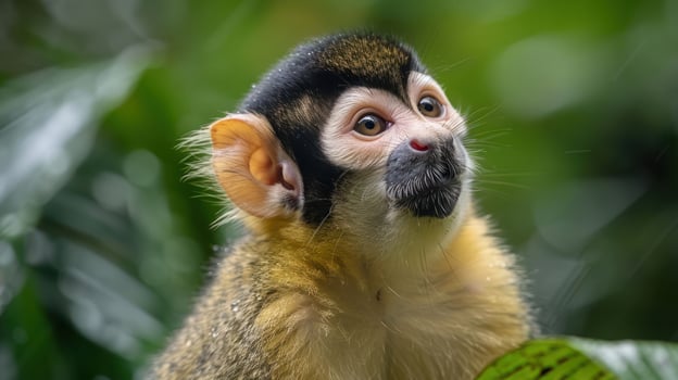 Close-up of a curious monkey in a lush green rainforest, surrounded by vibrant foliage photo