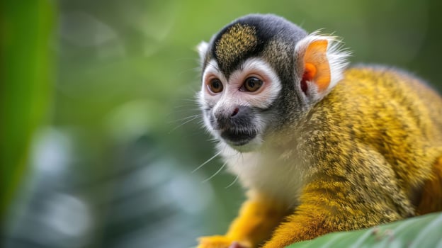 Close-up of a vibrant monkey perched on a branch, surrounded by lush green foliage in a tropical setting photo