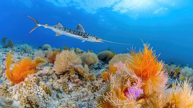 A vibrant underwater scene showcasing a barracuda swimming among colorful corals in a reef photo