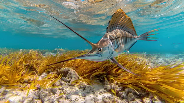 A majestic marlin swimming gracefully through vibrant seaweed in a clear ocean setting photo