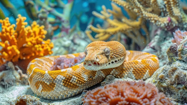 Colorful underwater scene featuring a resting snake among vibrant coral reefs and marine life photo