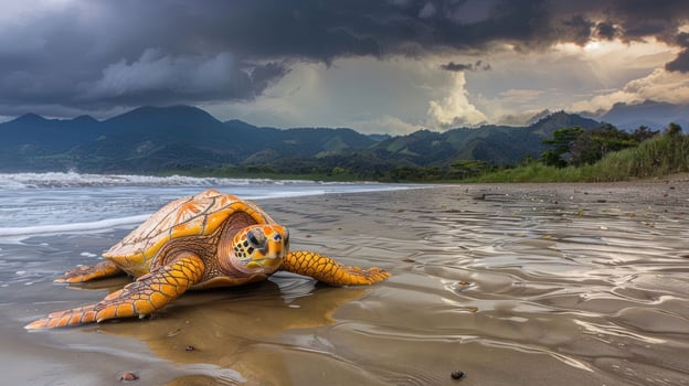 Sea turtle crawling onto sandy beach under dramatic stormy sky with mountains in background photo