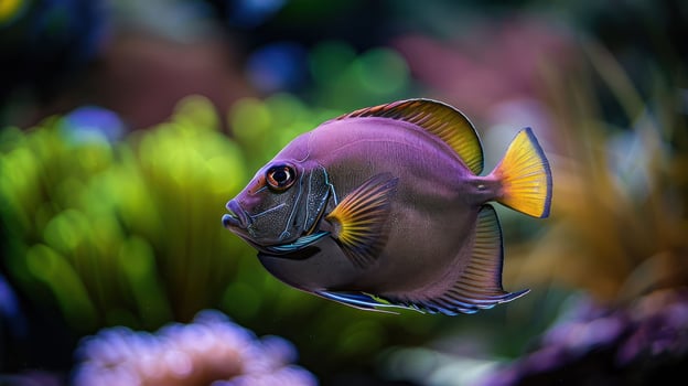 Vibrant purple fish swimming gracefully among colorful coral in a serene underwater environment photo
