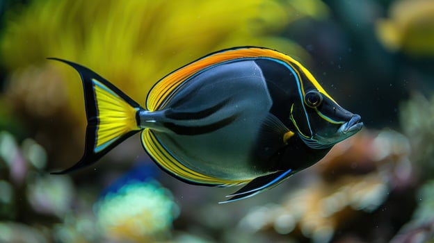 Vibrant tropical fish swimming gracefully in a colorful coral reef aquarium setting photo