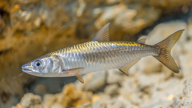 Underwater view of a silver fish swimming gracefully among rocks in a clear ocean environment photo