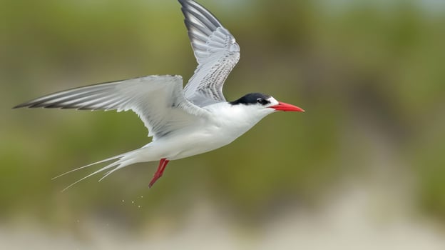 A graceful tern soaring above a sandy beach with blurred greenery in the background photo