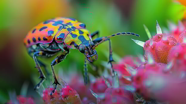 Colorful beetle perched on vibrant flowers, showcasing nature's beauty in a lush garden setting photo