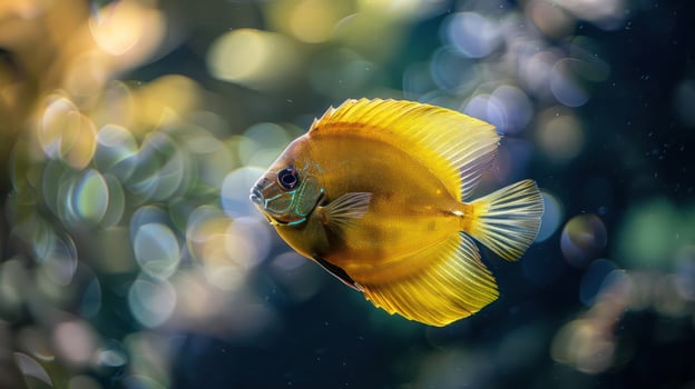 Vibrant yellow fish swimming gracefully in a serene underwater environment with soft bokeh photo