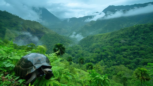 A giant tortoise rests on lush ferns overlooking a misty mountain landscape at dawn photo