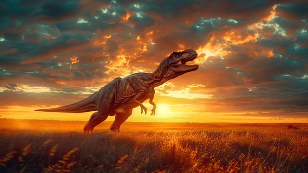A roaring dinosaur stands majestically against a vibrant sunset in an open field photo