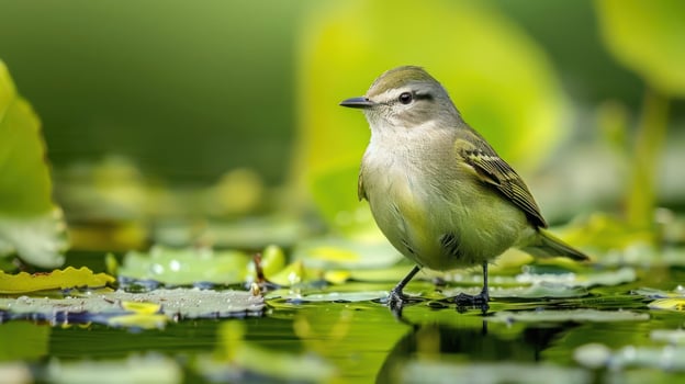 A small bird standing on lily pads in a serene pond surrounded by lush greenery photo