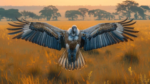 Majestic vulture soaring over golden grasslands at sunset, showcasing nature's beauty and wildlife photo
