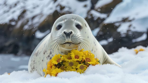 A playful seal holds a bouquet of bright yellow flowers amidst a snowy landscape photo