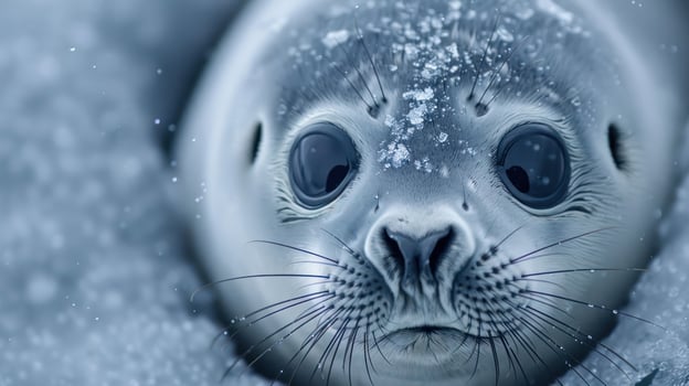 Close-up of a seal's face with snowflakes on its fur, set against a snowy background photo