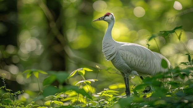 Elegant white crane standing amidst lush green foliage, showcasing nature's tranquility photo