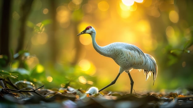 Elegant white crane walking gracefully through a sunlit forest, surrounded by lush greenery photo