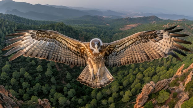 Majestic bird of prey soaring above lush green mountains at sunset, showcasing nature's beauty photo