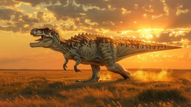 A roaring dinosaur in a vibrant sunset, running across a grassy landscape with clouds photo