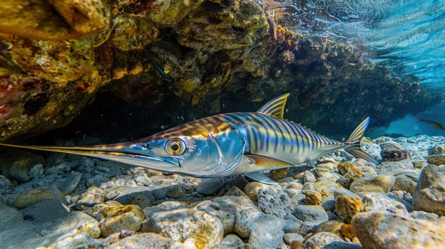 Underwater view of a striped fish swimming near rocky seabed with clear blue water above photo
