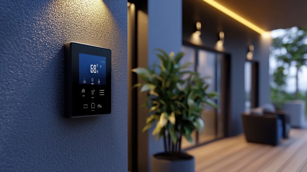 A smart thermostat is mounted on a wall next to a potted plant photo