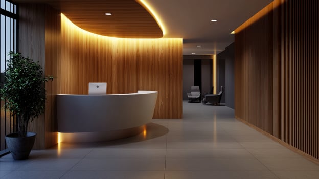 A modern office lobby with a large wooden wall and a potted plant photo