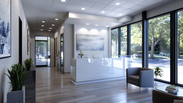 A modern office with large windows and wood floors photo