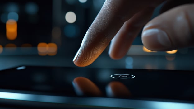 A person touching a button on a smartphone photo