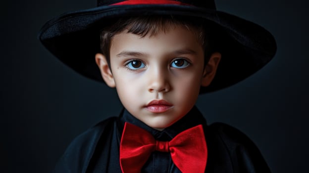 A young boy wearing a black hat and a red bow tie photo