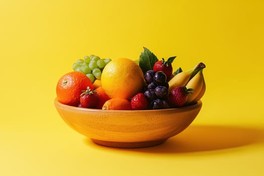 A Wooden Bowl Filled with Fresh Fruit on a Yellow Background photo