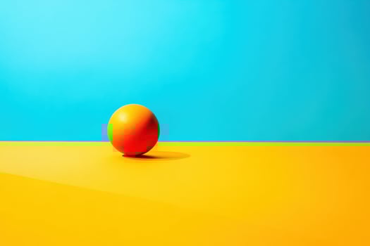 A Single Orange Sphere Resting on a Yellow Surface Against a Blue Background photo