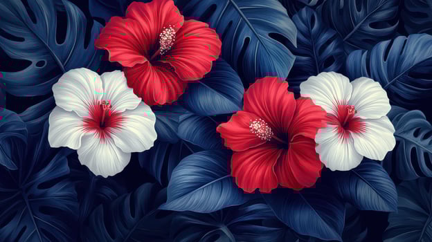 Red and white hibiscus flowers amidst tropical foliage photo