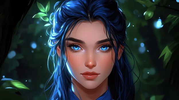 Blue-eyed woman, forest background, fantasy art, profile picture photo