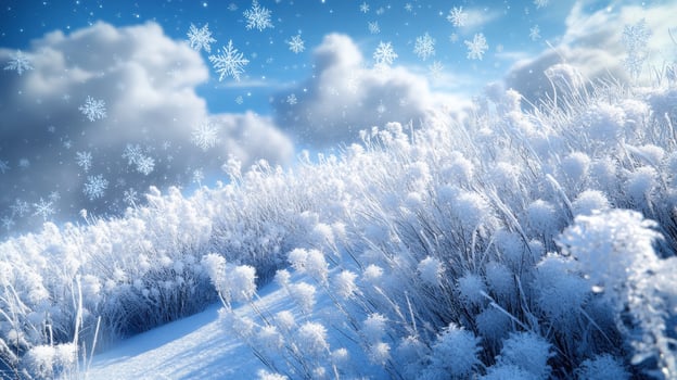 Frosty winter landscape, snow falling, clouds, hills. Winter holiday card photo