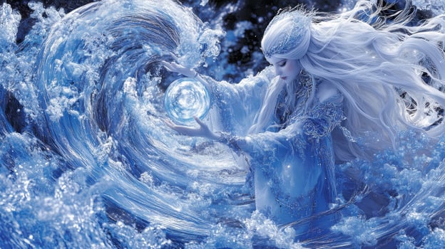 Ice Queen controls swirling ocean, winter fantasy, magical artwork photo