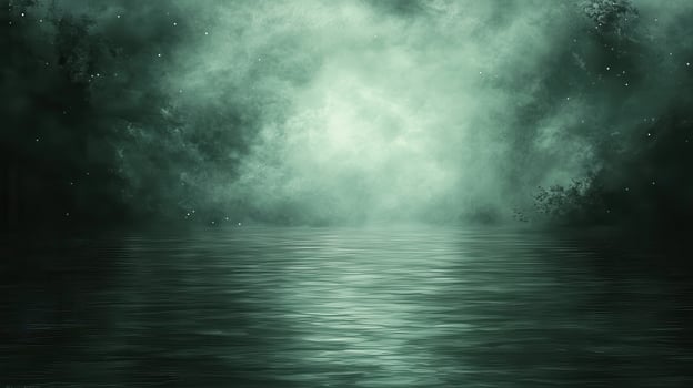 Eerie green water, misty night, reflective surface, dark background, fantasy backdrop photo