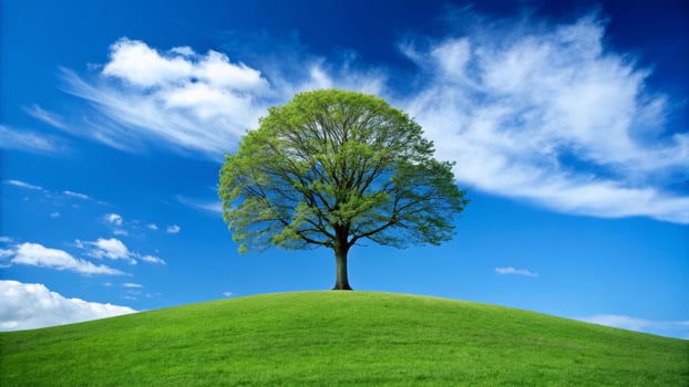 Gentle sentinel tree standing alone on verdant hill nature landscape calm environment wide view photo