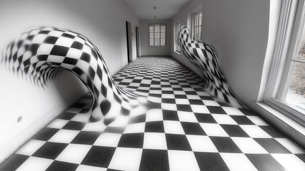 Checkered floor hallway surreal art, abstract background photo