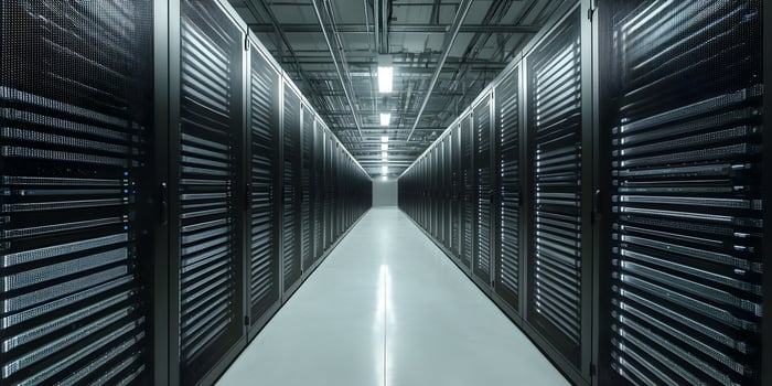 Data center corridor lined with server racks showcasing modern technology and infrastructure photo