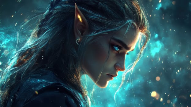 Elven warrior, profile, fantasy art, magical sparks, game design photo