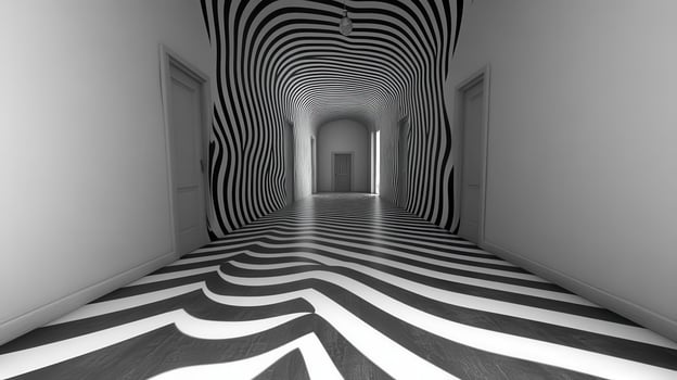 Hallway illusion, black white stripes, interior design, perspective, architecture photo