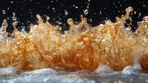 Amber liquid splash, foam, dark background, beverage ad photo