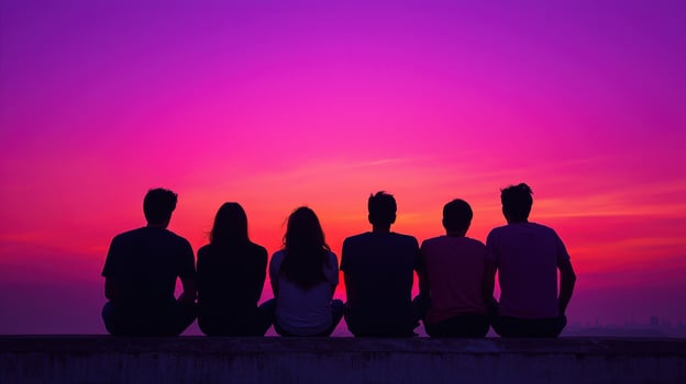 Sunset gathering of friends outdoor location silhouette image peaceful environment wide view friendship concept photo