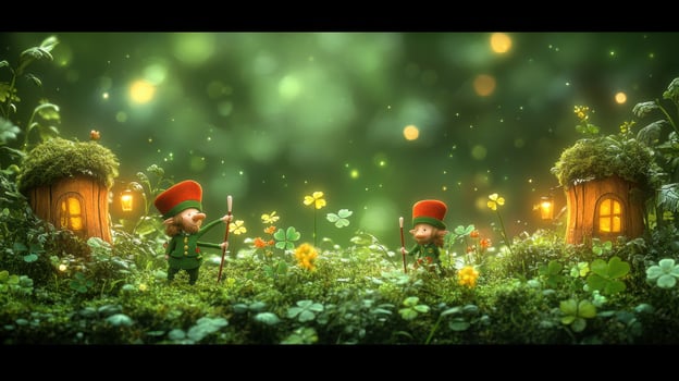 Enchanting forest, two elves guarding homes, magical lights, fantasy background photo