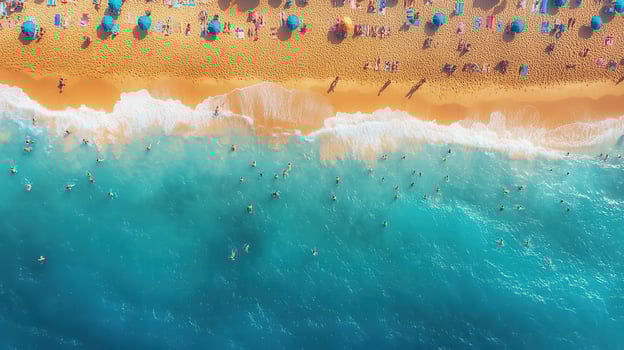 Aerial view of crowded beach, turquoise water, sunbathers, summer vacation photo