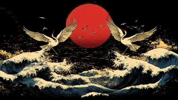 Cranes dancing over ocean waves, red sun backdrop, Japanese art style, print design photo