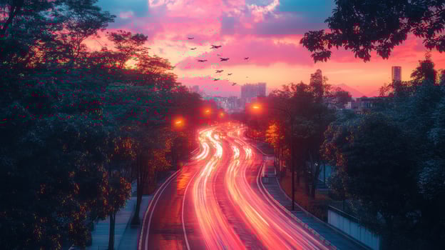 City sunset highway traffic light trails photo